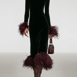 Chic Velvet Long Sleeve Dress with Ostrich Feather Accents